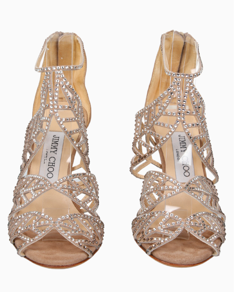 Sandália Jimmy Choo Swarovski Couro Bege Cristais Original